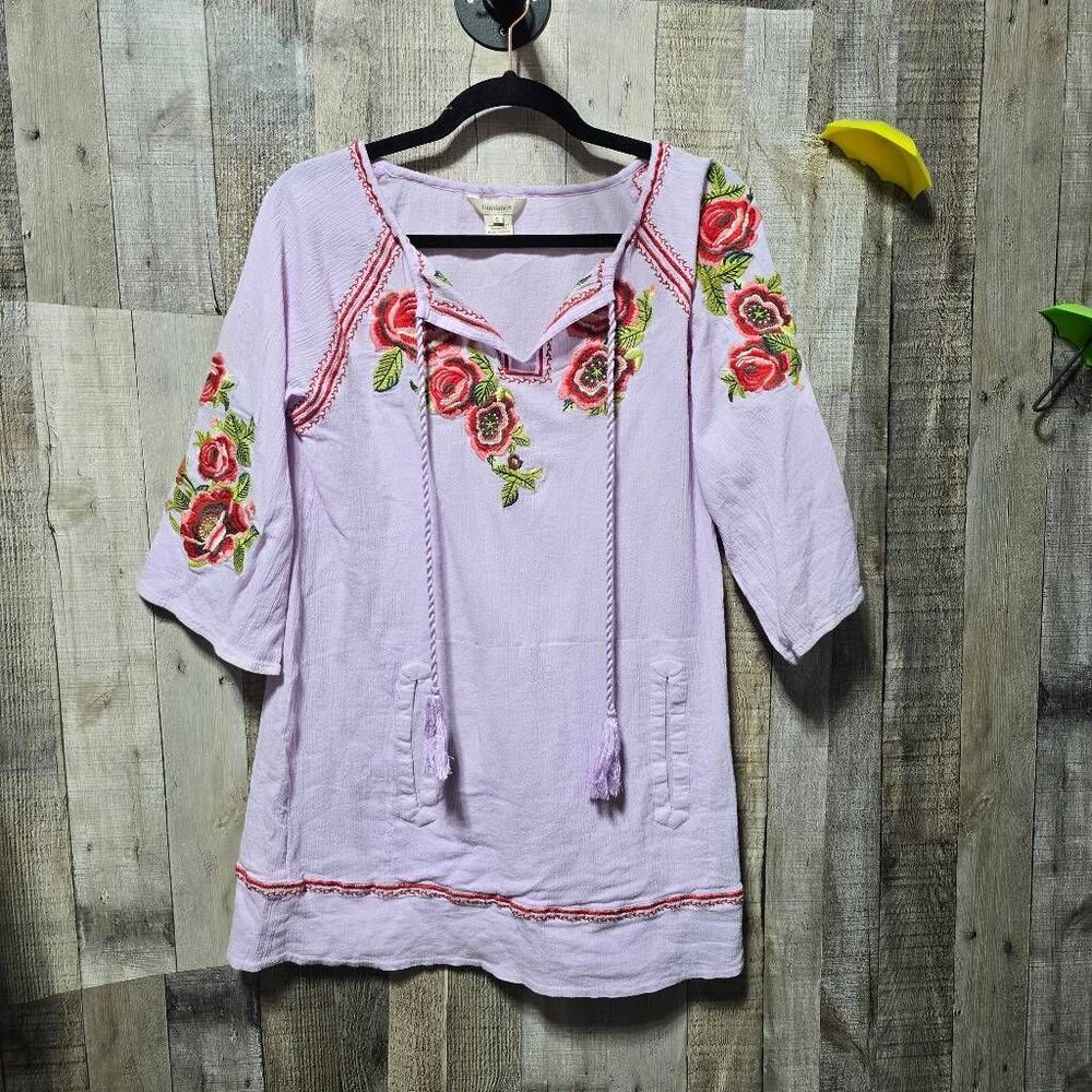 Sundance Pink Floral Embroidered Gauzy Tunic Blouse Small Boho Festival Femme